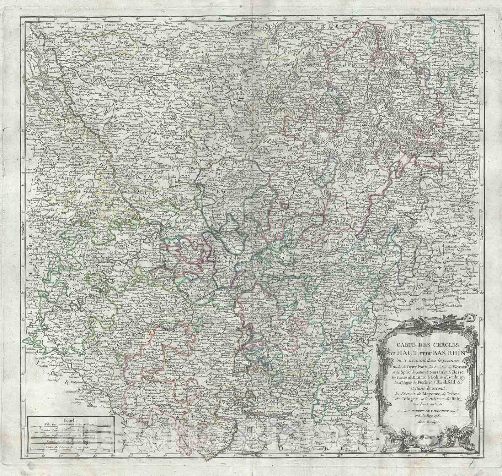 Historic Map : Upper and Lower Rhine, Germany, Vaugondy, 1753, Vintage Wall Art