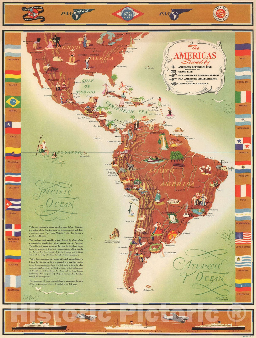 Historic Map : Pictorial Map of The Americas, 1949, Vintage Wall Art