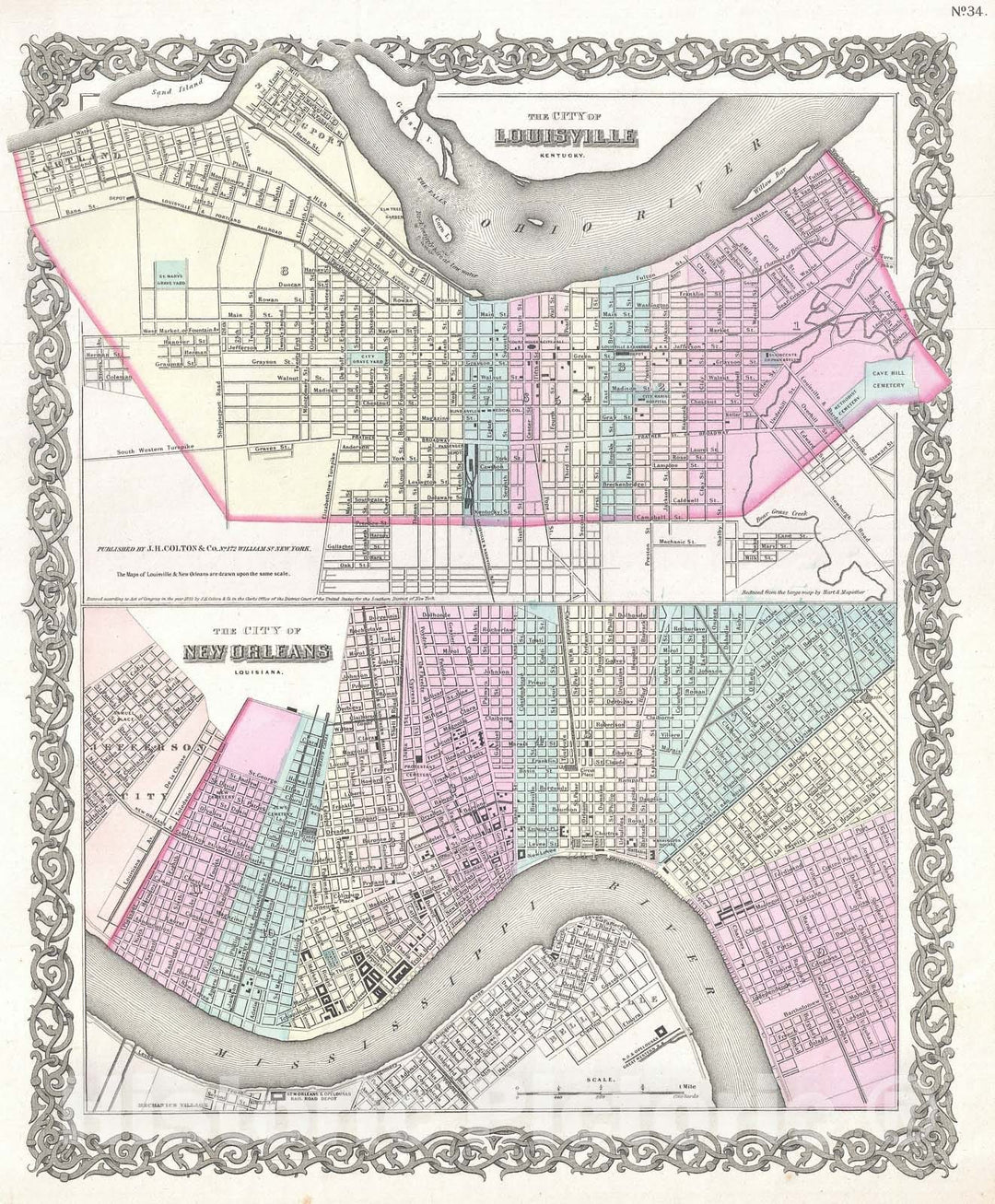 Historic Map : Plan of New Orleans, Louisiana and Louisville, Kentucky, Colton, 1855, Vintage Wall Art