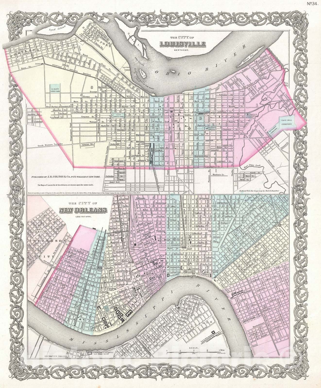 Historic Map : Plan of New Orleans, Louisiana and Louisville, Kentucky, Colton, 1855, Vintage Wall Art