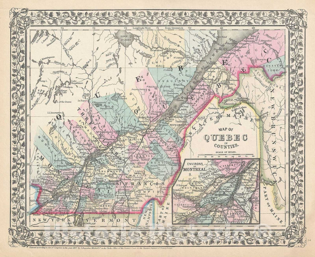 Historic Map : Quebec, Canada, Mitchell, 1867, Vintage Wall Art