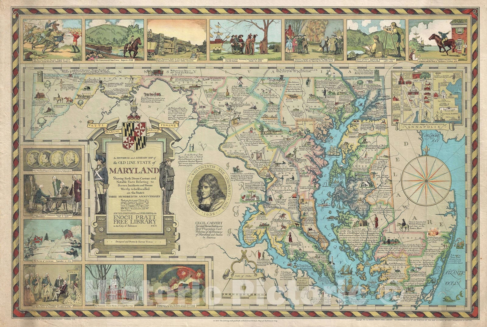 Historic Map : Pictorial Maryland, Tunis, 1931, Vintage Wall Art