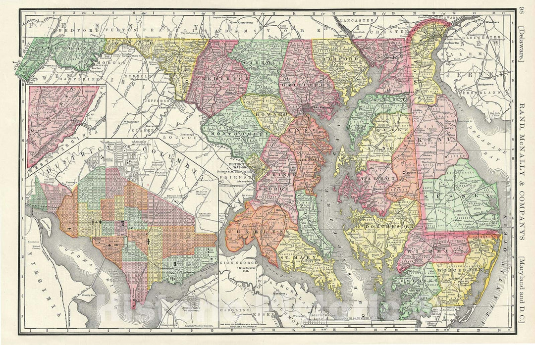 Historic Map : Delaware, Maryland and Washington D.C., Rand McNally, 1888, Vintage Wall Art