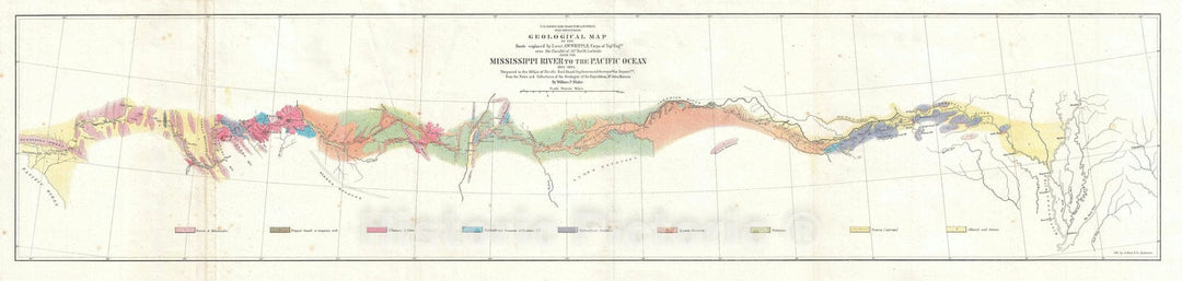 Historic Map : Geological Route of The American West: Mississippi River to Los Angeles, Blake, 1854, Vintage Wall Art