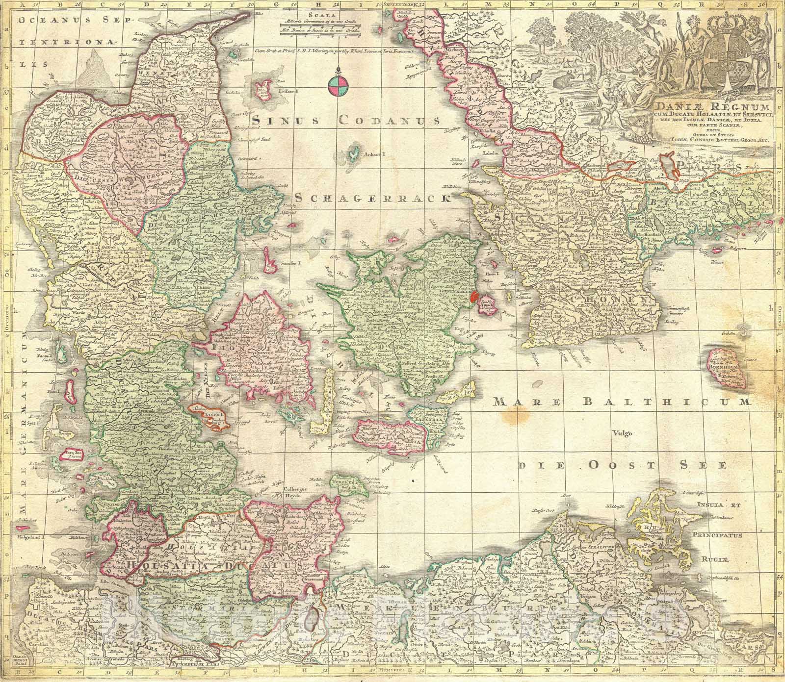 Historic Map : Denmark 'Daniae Regnum', Lotter, 1770, Vintage Wall Art