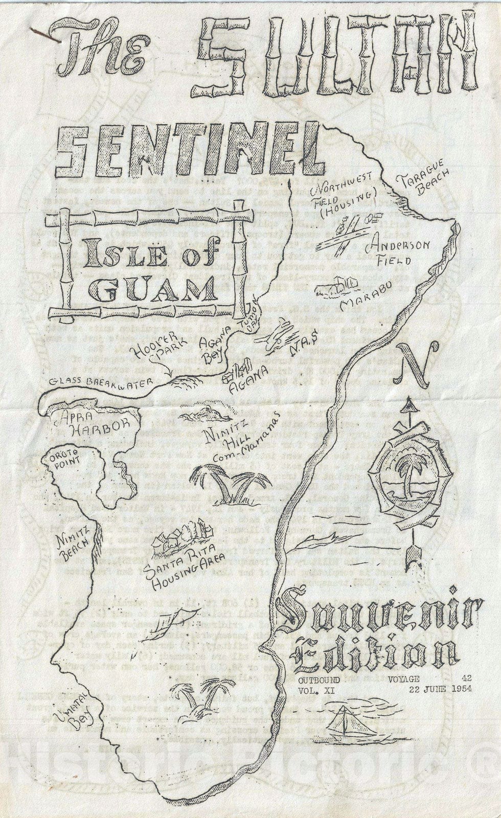 Historic Map : U.S. Navy Shipboard Zine 'Sultan Sentinel' w/ Guam Pictorial Map, 1954, Vintage Wall Art