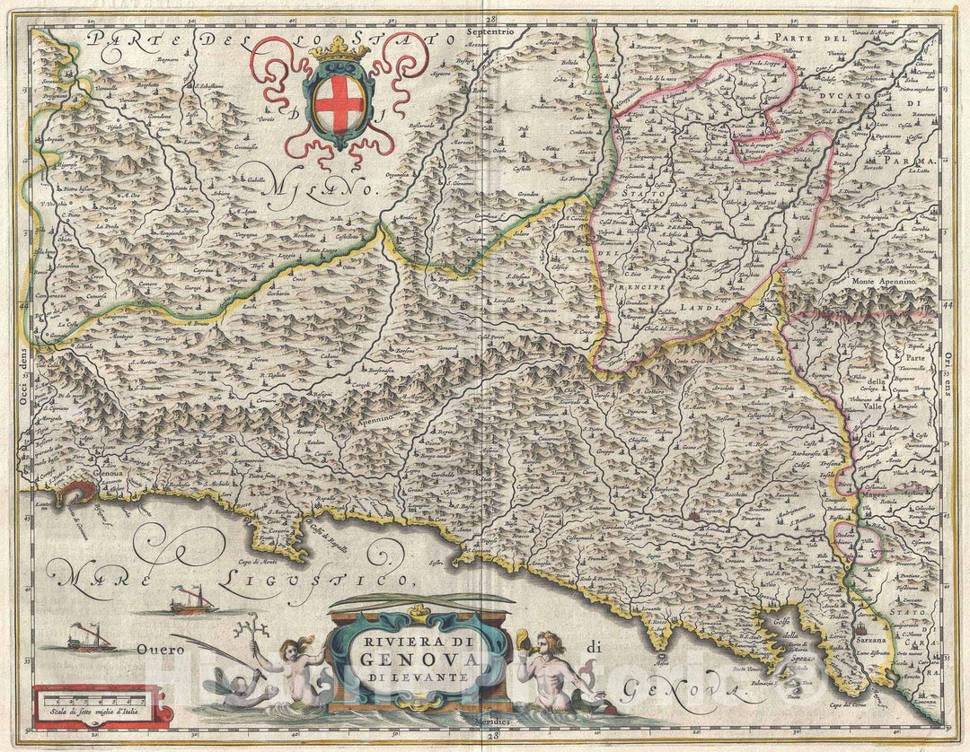 Historic Map : The Bay of Genoa, Italy, Blaeu, 1646, Vintage Wall Art