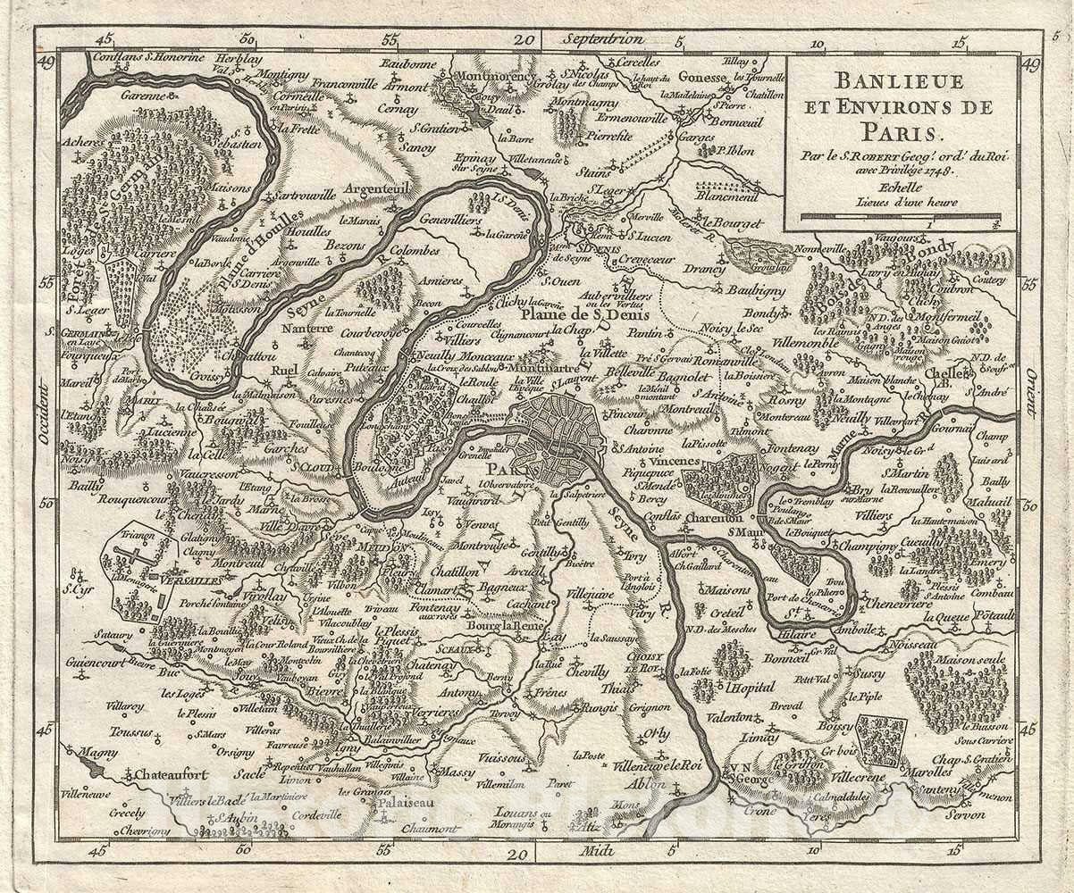 Historic Map : Paris and Vicinity, France, Vaugondy, 1748, Vintage Wall Art