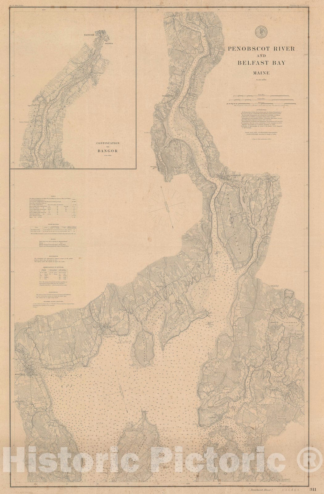 Historic Map : Nautical Chart Penobscot River and Belfast Bay, Maine, U.S.C.G.S.the, 1892, Vintage Wall Art