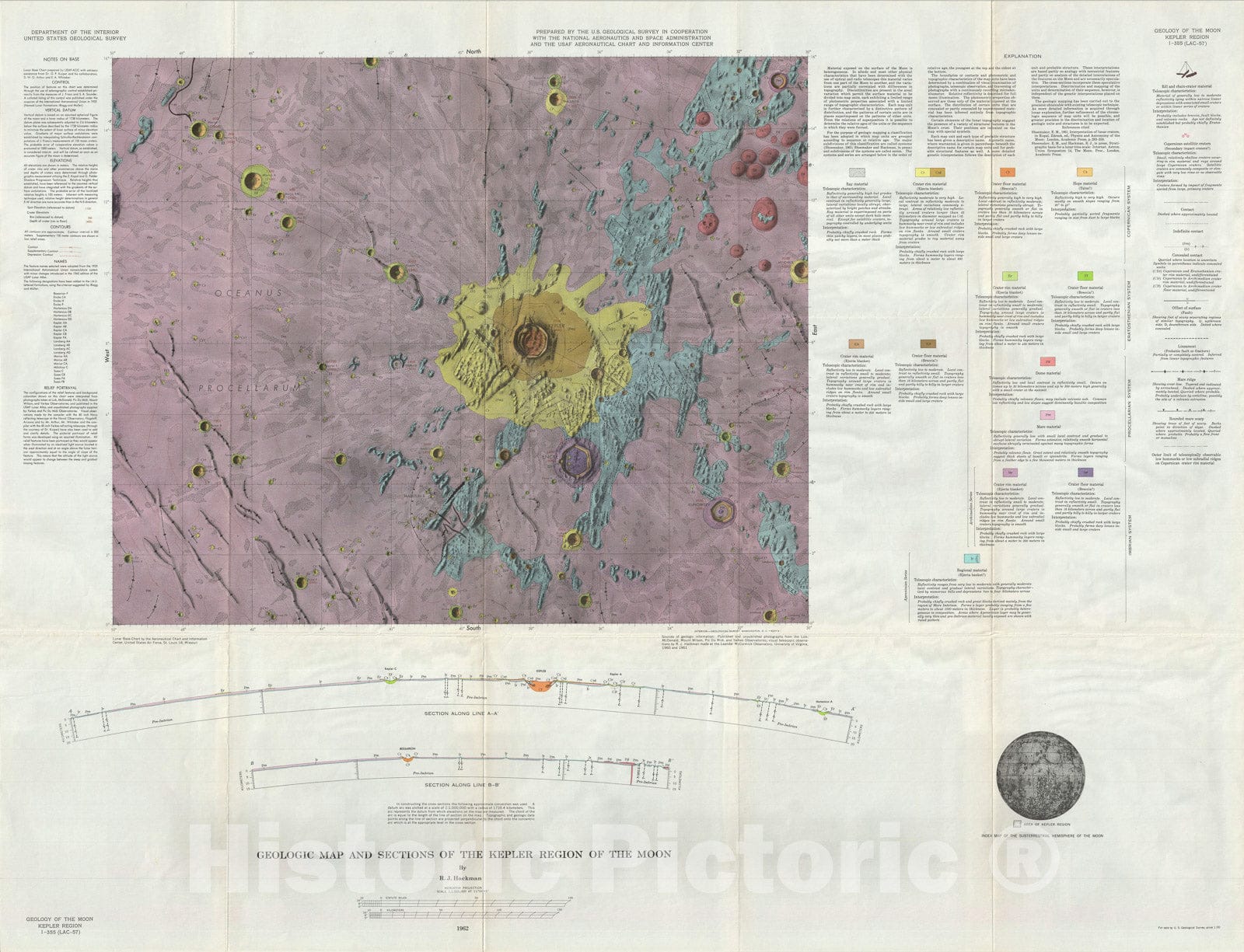 Historic Map : The Moon: Kepler Region, USGS Geologic, 1962, Vintage Wall Art