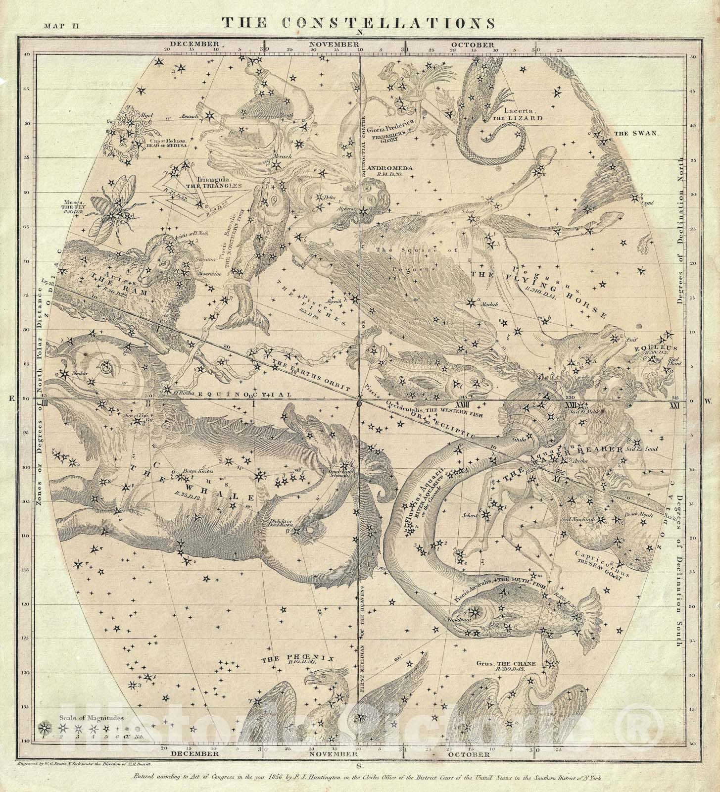 Historic Map : The Constellations or Stars in October, November and December, Burritt - Huntington, 1856, Vintage Wall Art