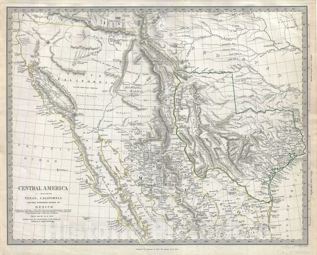 Historic Map : The Republic of Texas "at fullest" and California, S.D.U.K., 1842, Vintage Wall Art