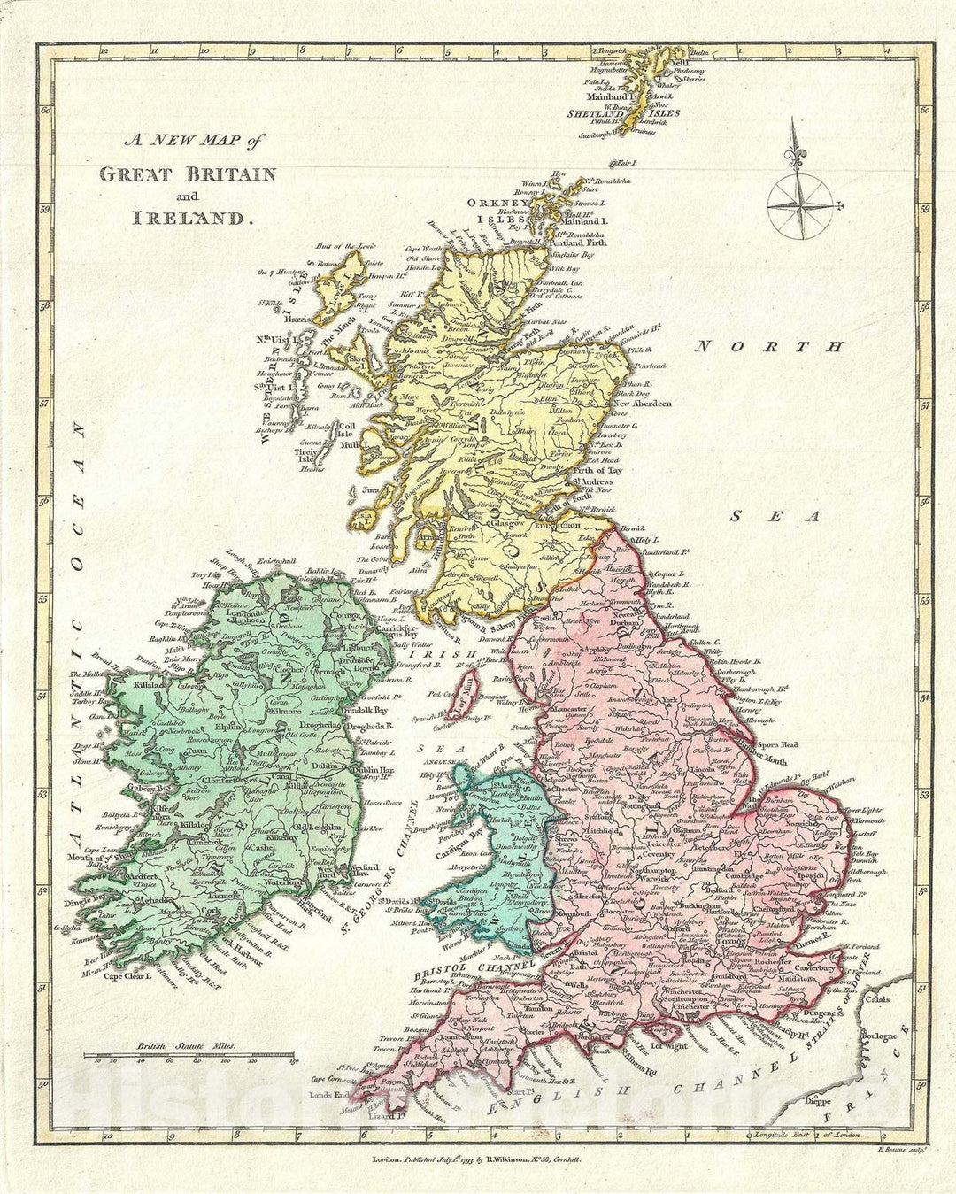 Historic Map : The British Isles "England, Scotland, Ireland", Wilkinson, 1793, Vintage Wall Art