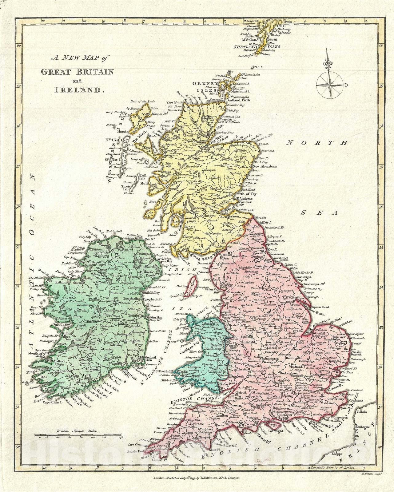 Historic Map : The British Isles "England, Scotland, Ireland", Wilkinson, 1793, Vintage Wall Art