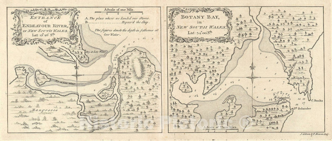 Historic Map : s of The Endeavor River and Botany Bay, New South Wales, Australia, Coo, 1773, Vintage Wall Art