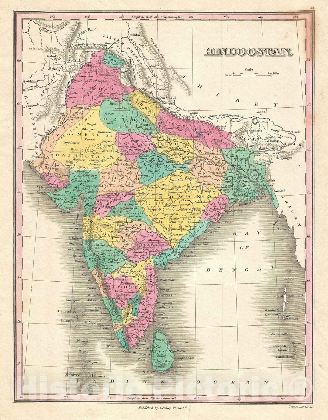 Historic Map : India, Finley, 1828, Vintage Wall Art