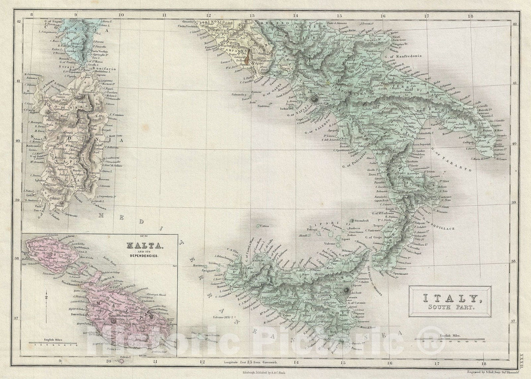 Historic Map : Southern Italy "Naples, Sicily", Black, 1851, Vintage Wall Art