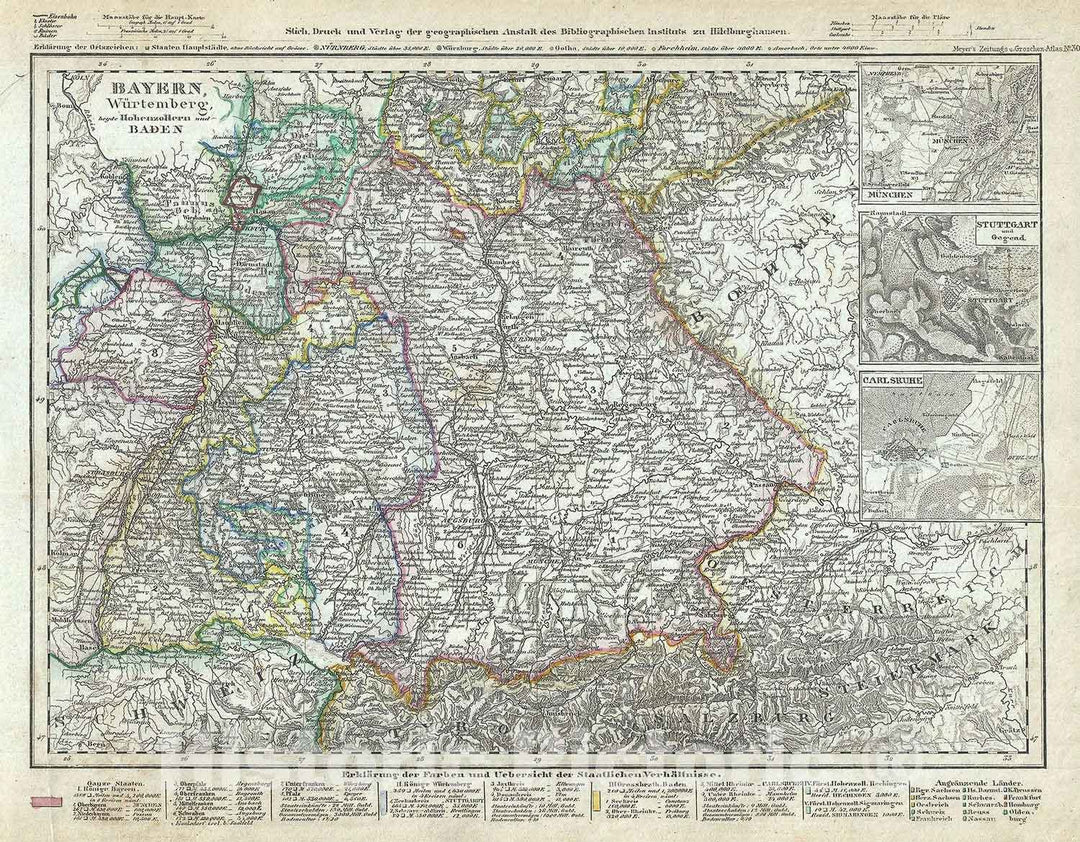 Historic Map : Southern Germany "Bavaria, Wurttemberg, Baden", Meyer, 1852, Vintage Wall Art