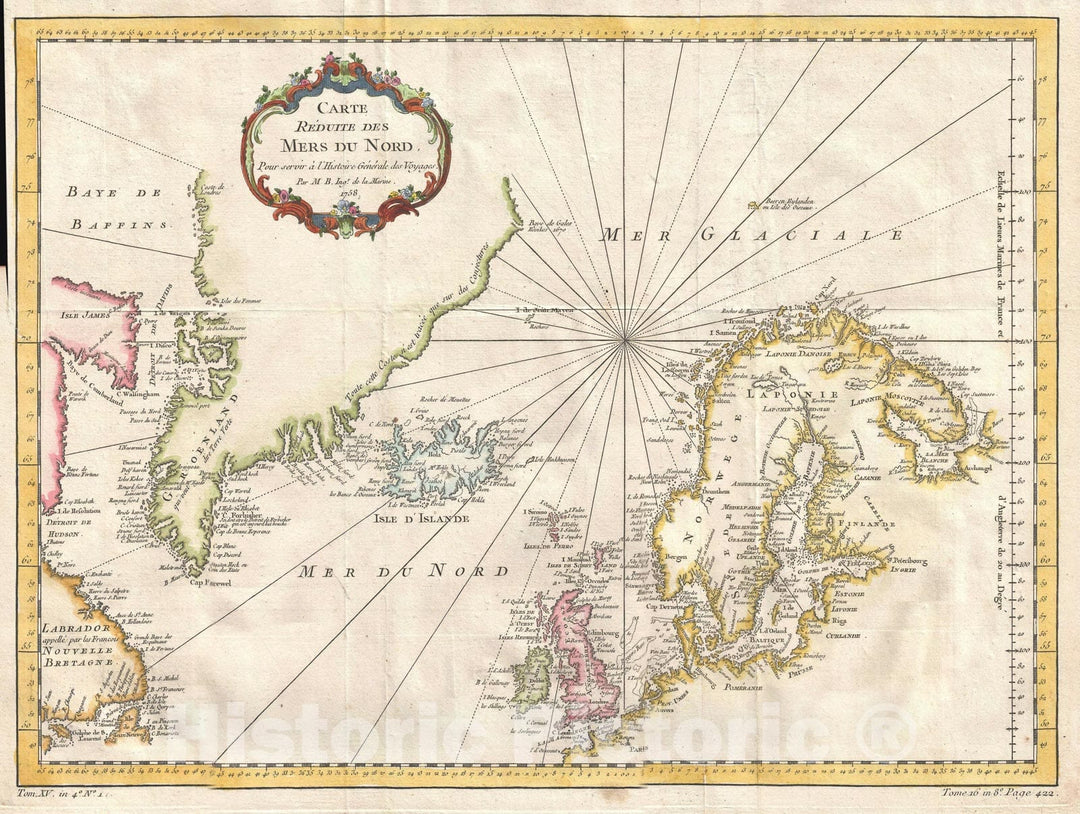 Historic Map : The North Atlantic "Greenland, Iceland, Scandinavia", Bellin, 1758, Vintage Wall Art