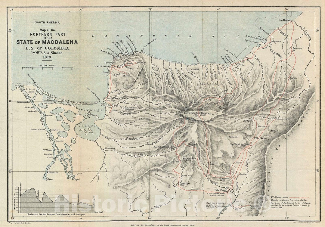 Historic Map : Magdalena, Colombia, South America, Johnston, 1879, Vintage Wall Art