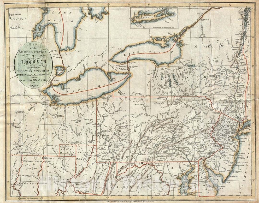 Historic Map : The Middle States of The United States "New York, Ohio, Pennsylvania, New Jersey,, Russel, 1794, Vintage Wall Art