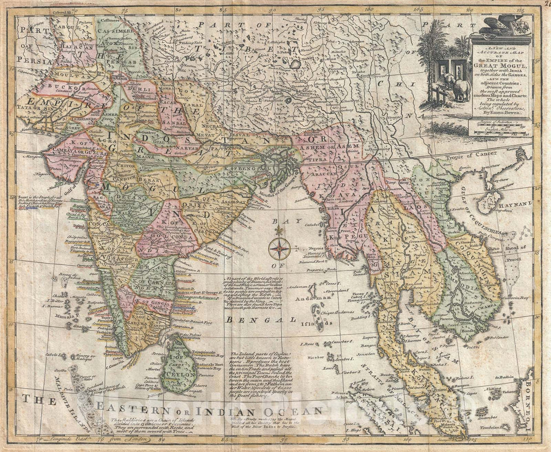 Historic Map : Indian and Southeast Asia "Malaya, Thailand, Singapore, Vietnam", Bowen, 1744, Vintage Wall Art