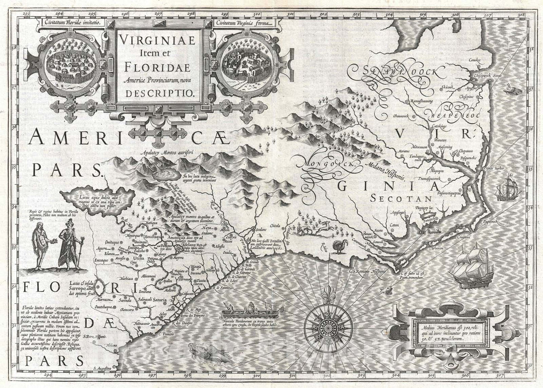 Historic Map : Florida, Carolina, and Virginia, Mercator Hondius, 1606 v2, Vintage Wall Art