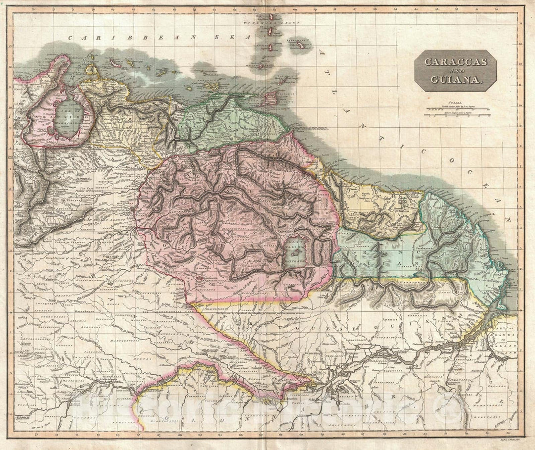 Historic Map : Northeastern South American: Venezuela, Guiana, Thomson, 1814, Vintage Wall Art