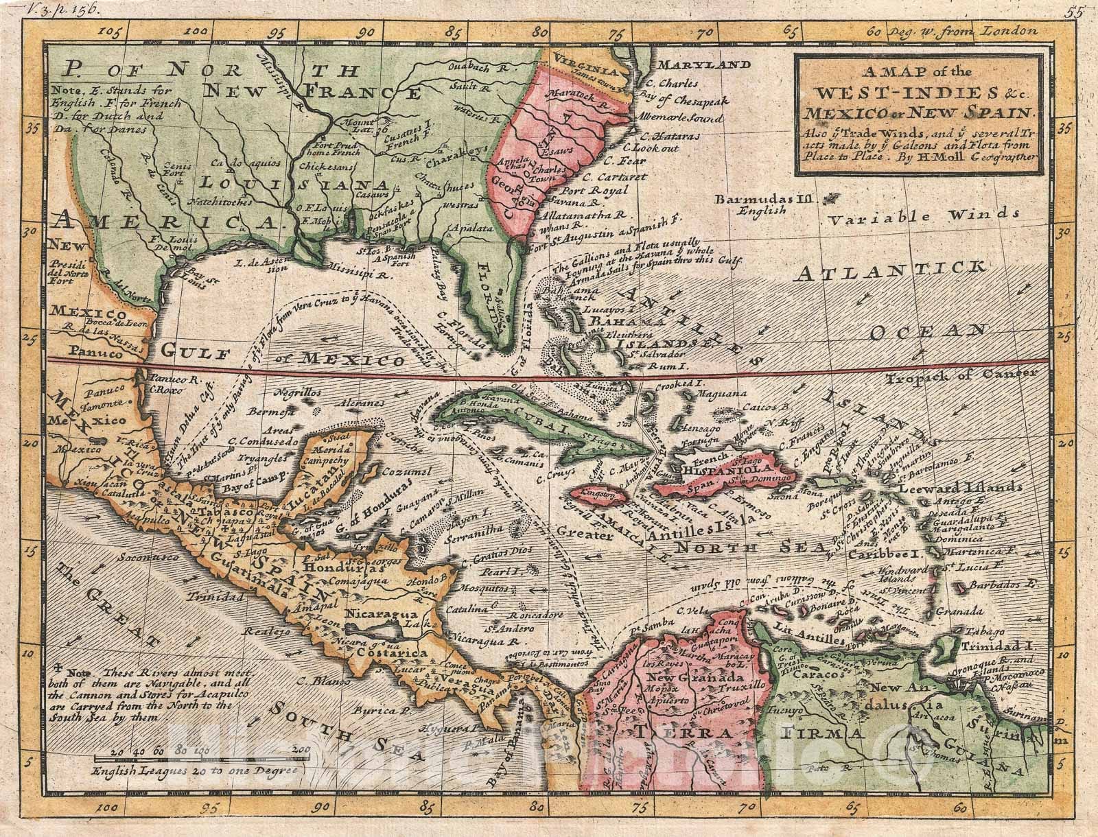 Historic Map : The West Indies and Caribbean, Herman Moll, 1732, Vintage Wall Art