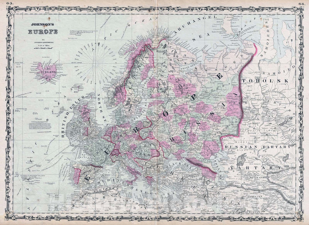 Historic Map : Europe, Johnson, 1861, Vintage Wall Art