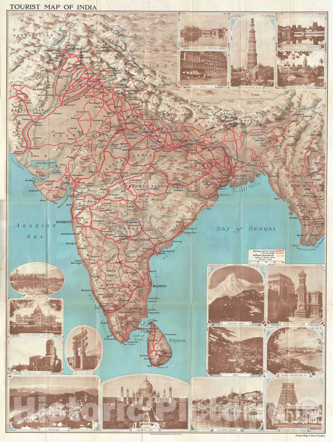 Historic Map : India "w/ monuments", Philip Tourist, 1930, Vintage Wall Art