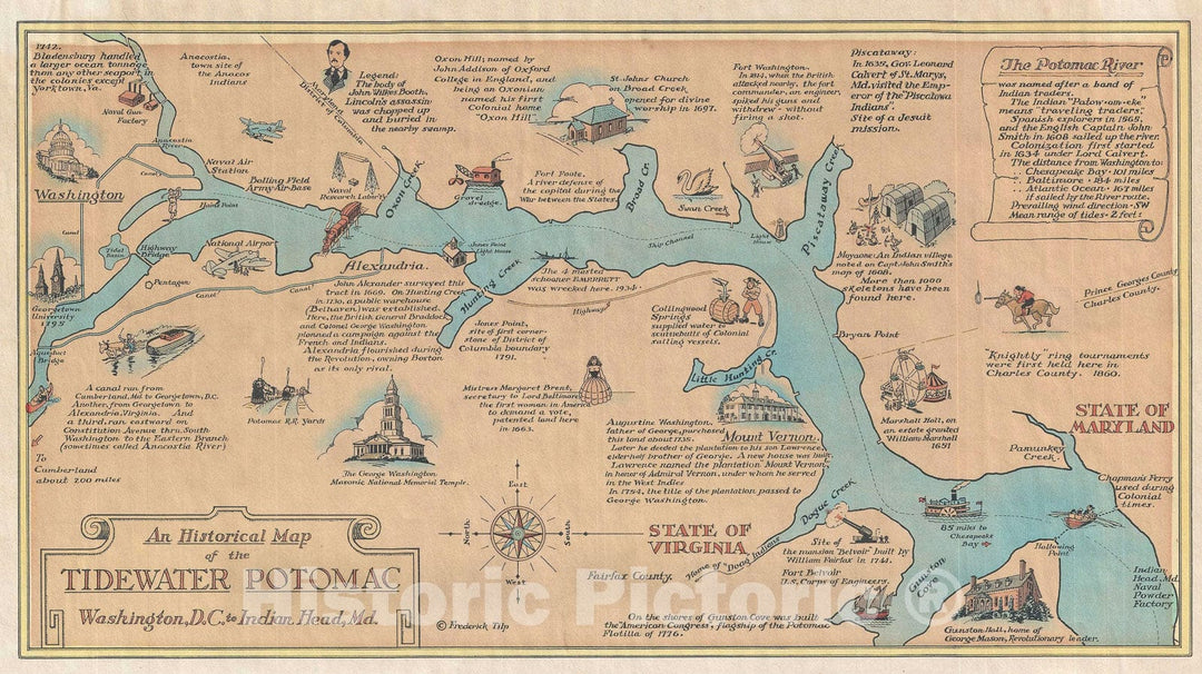 Historic Map : Tilp Pictorial Map of The Potomac from Washington, D.C. to Maryland, 1946, Vintage Wall Art