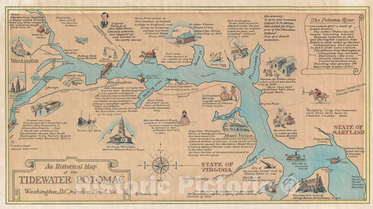 Historic Map : Tilp Pictorial Map of The Potomac from Washington, D.C. to Maryland, 1946, Vintage Wall Art