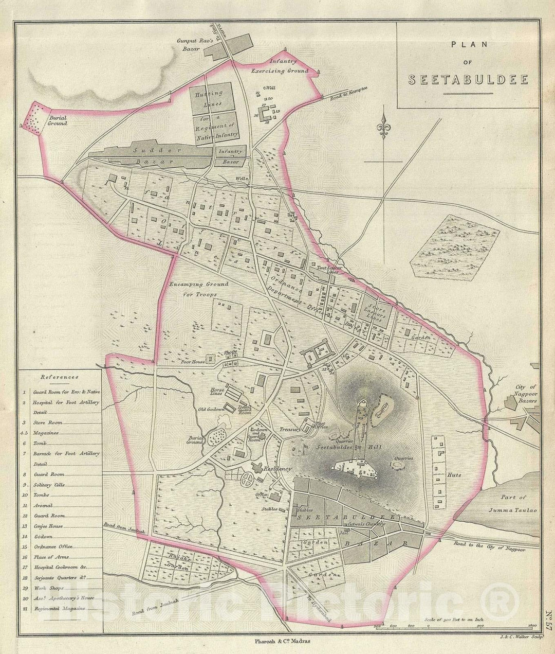 Historic Map : Plan of Sitabuldi, Nagpur, India, Pharoah, 1854, Vintage Wall Art