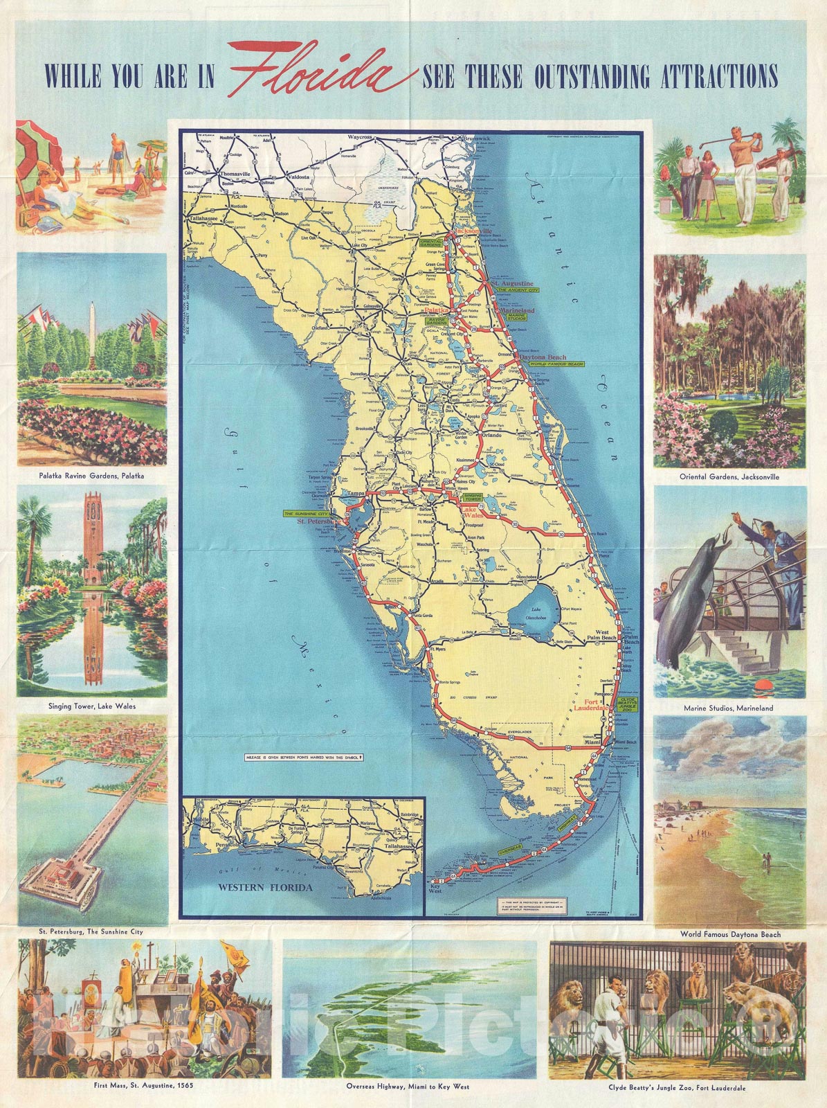 Historic Map : American Automobile Association Pictorial Road Map of Florida, 1942, Vintage Wall Art