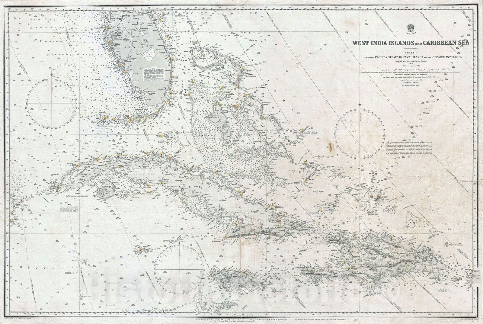 Historic Map : Nautical Chart Florida, The Bahamas, Cuba and Hispaniola, British Admiralty, 1913, Vintage Wall Art