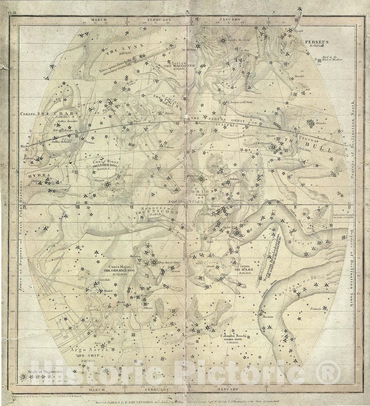 Historic Map : The Constellations or Stars in January, February, and March, Burritt - Huntington, 1835, Vintage Wall Art