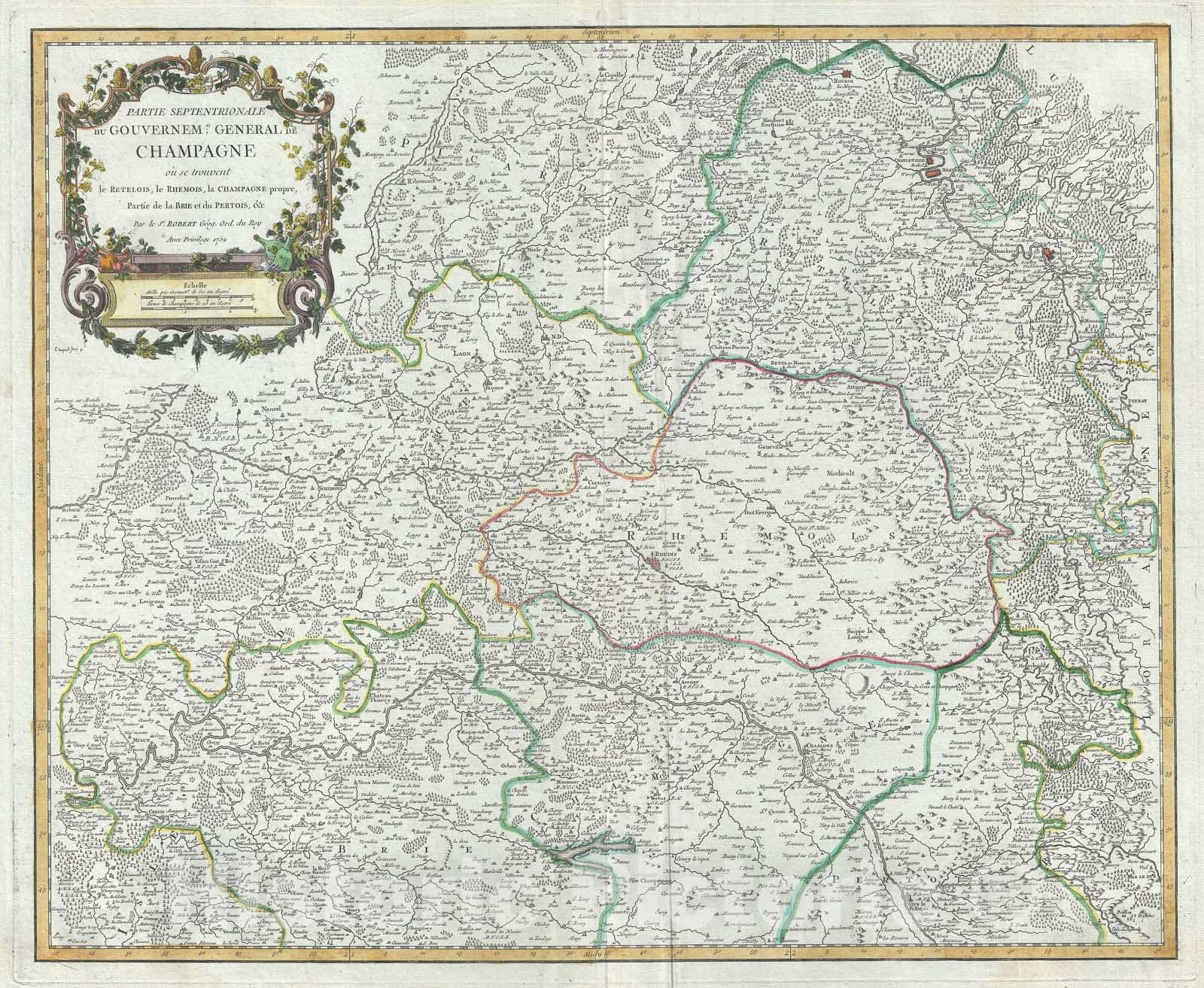 Historic Map : The Northern Champagne Region of France, Vaugondy, 1757, Vintage Wall Art