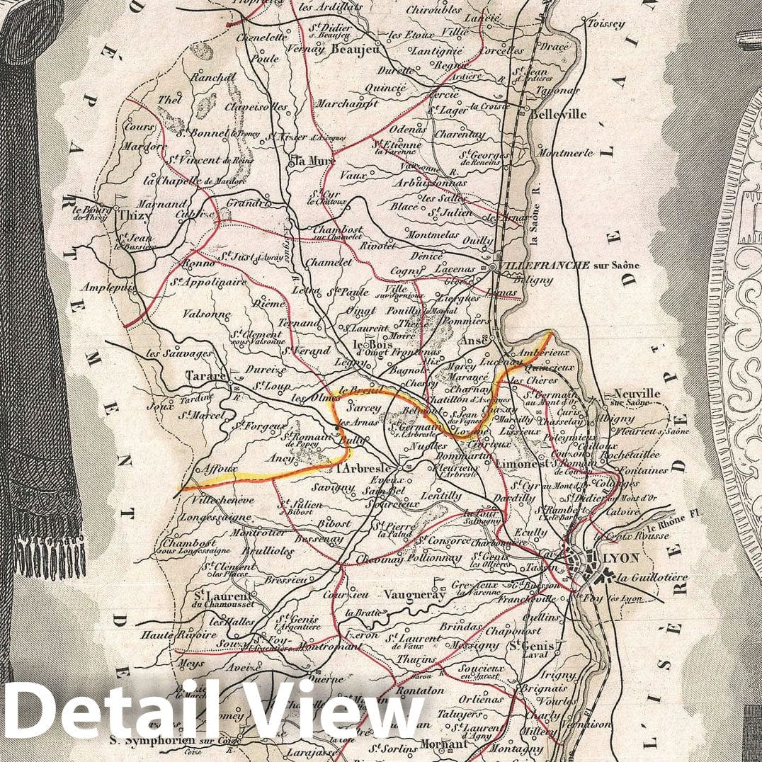 Historic Map : The Department Du Rhone, France " Beaujolais Wine Region", Levasseur, 1852, Vintage Wall Art