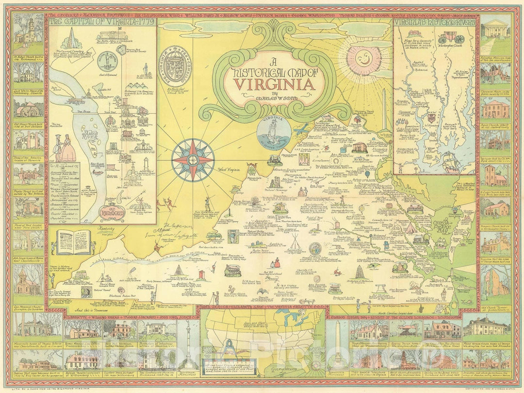 Historic Map : Pictorial Map of Historical Virginia, Charles W. Smith, 1930, Vintage Wall Art