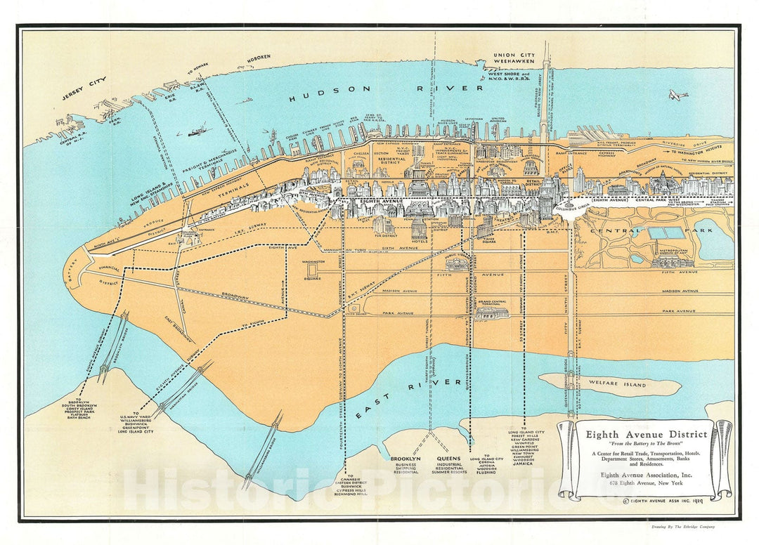 Historic Map : Eighth Avenue Assn. Pictorial Map of Eighth Avenue, Manhattan, NYC, 1929, Vintage Wall Art