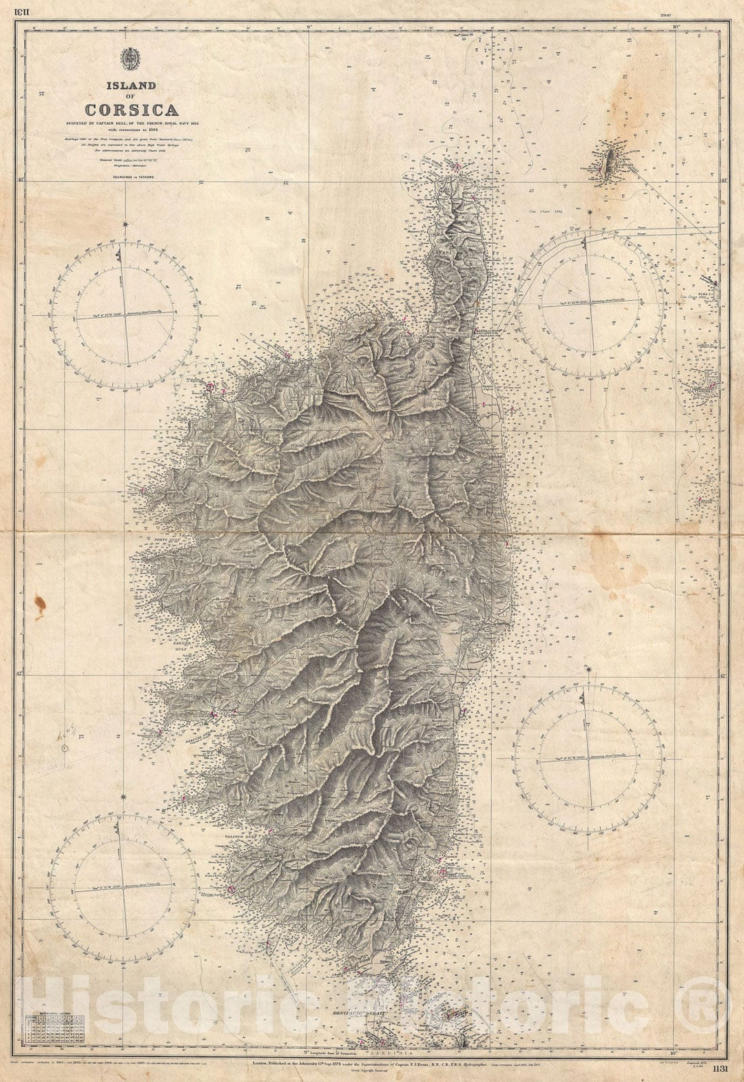 Historic Map : Nautical Chart Corsica or Corse, British Admiralty, 1894, Vintage Wall Art