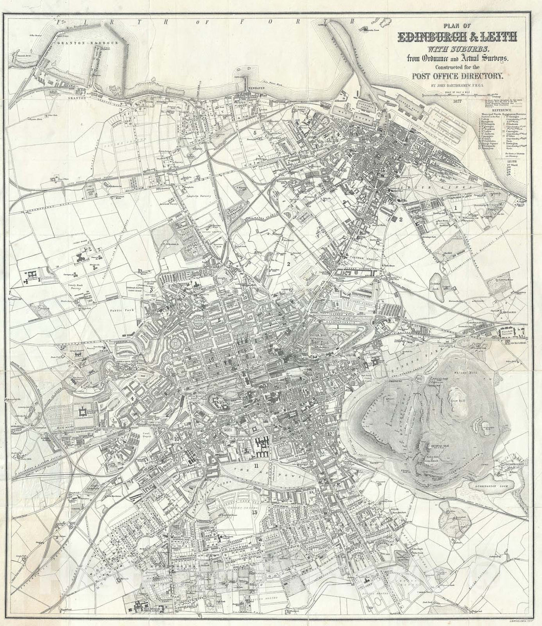 Historic Map : Plan of Edinburgh and Leith, Scotland, Bartholomew, 1877, Vintage Wall Art