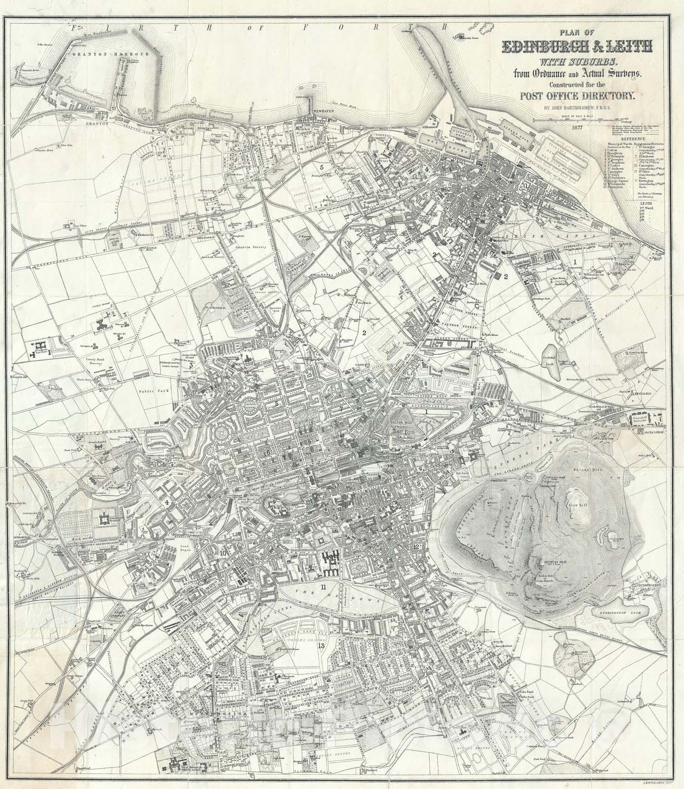 Historic Map : Plan of Edinburgh and Leith, Scotland, Bartholomew, 1877, Vintage Wall Art