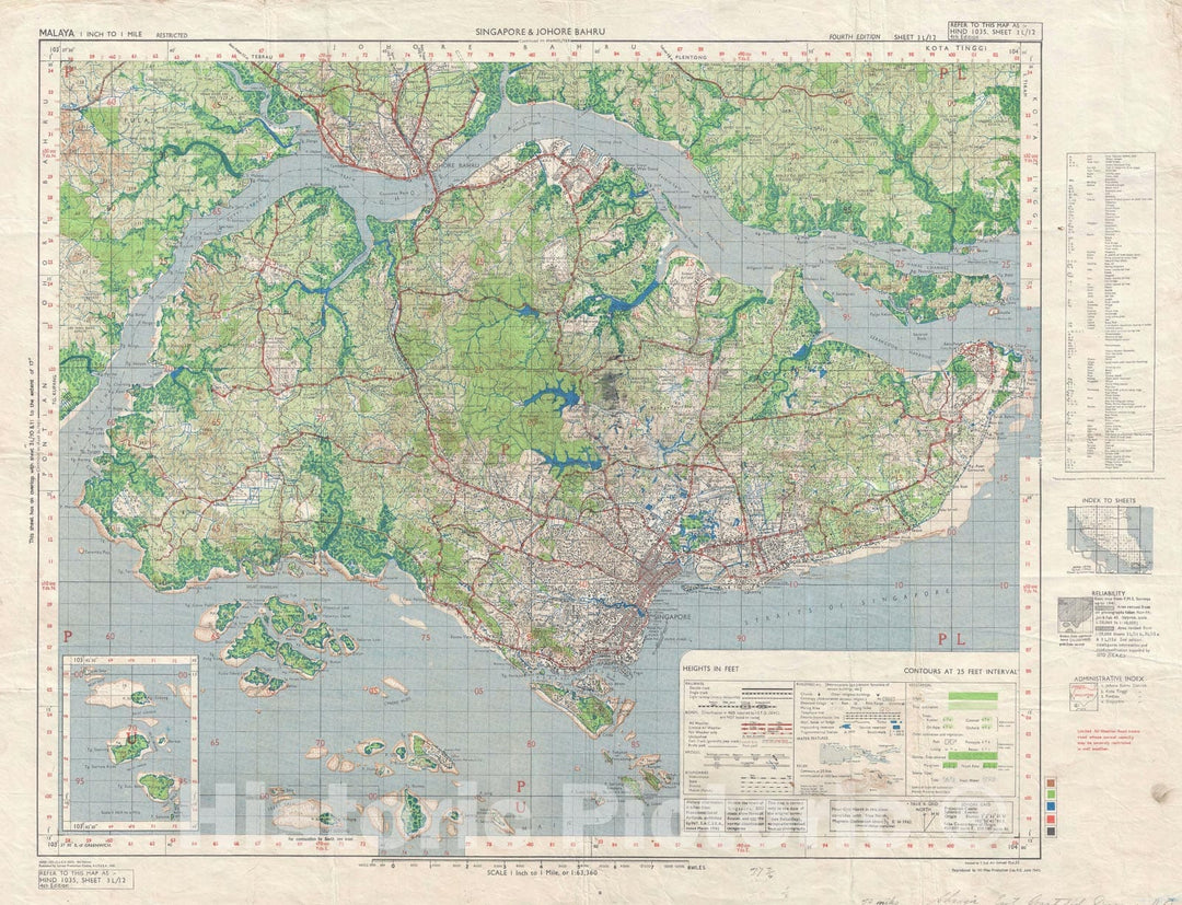 Historic Map : Singapore and Johore Bahru, Malaysia, British Army, 1945, Vintage Wall Art