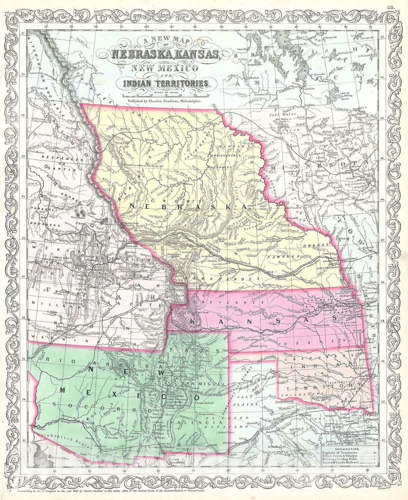 Historic Map : Nebraska, Kansas, New Mexico, and Indian Territory, Desilver, 1856, Vintage Wall Art