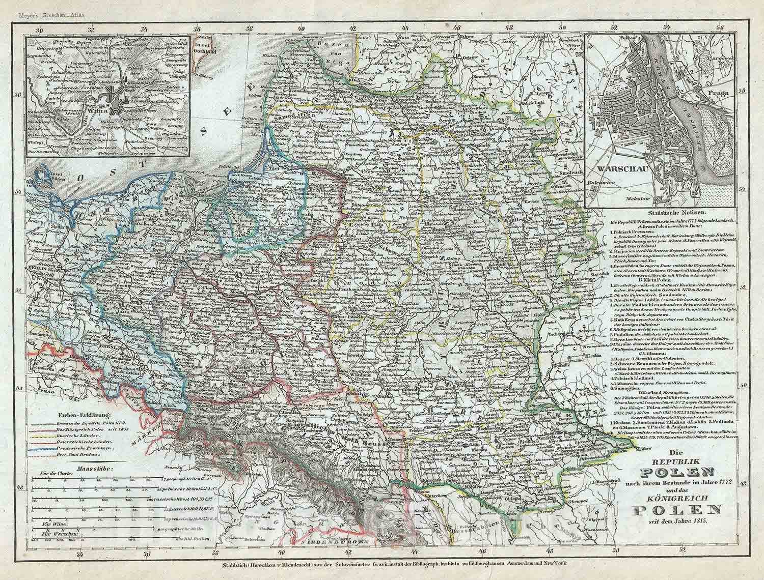 Historic Map : Poland and Lithuania after 1772 and 1815, Meyer, 1852, Vintage Wall Art