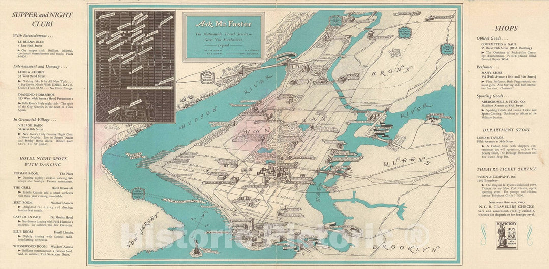 Historic Map : Plan of New York City, Foster, 1942, Vintage Wall Art