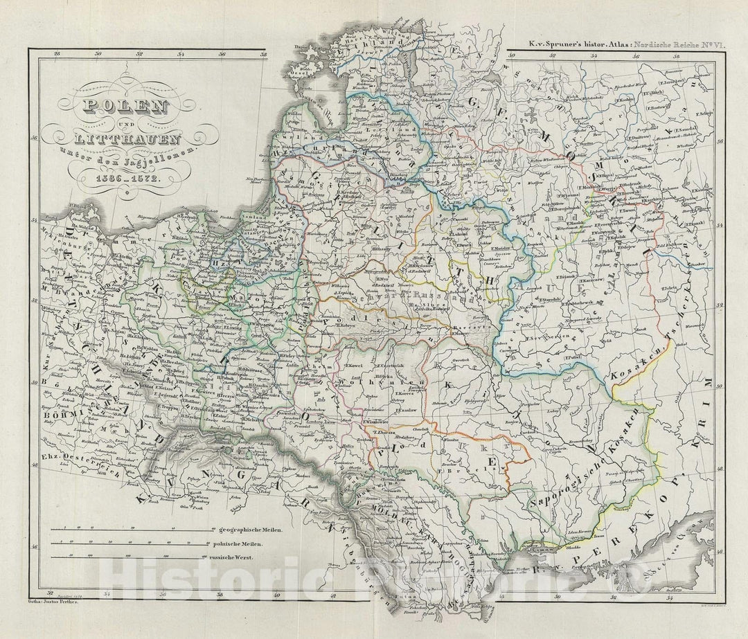 Historic Map : Poland and Lithuania from 1386 to 1572 under The Jagiellon Dynasty, Spruner, 1854, Vintage Wall Art