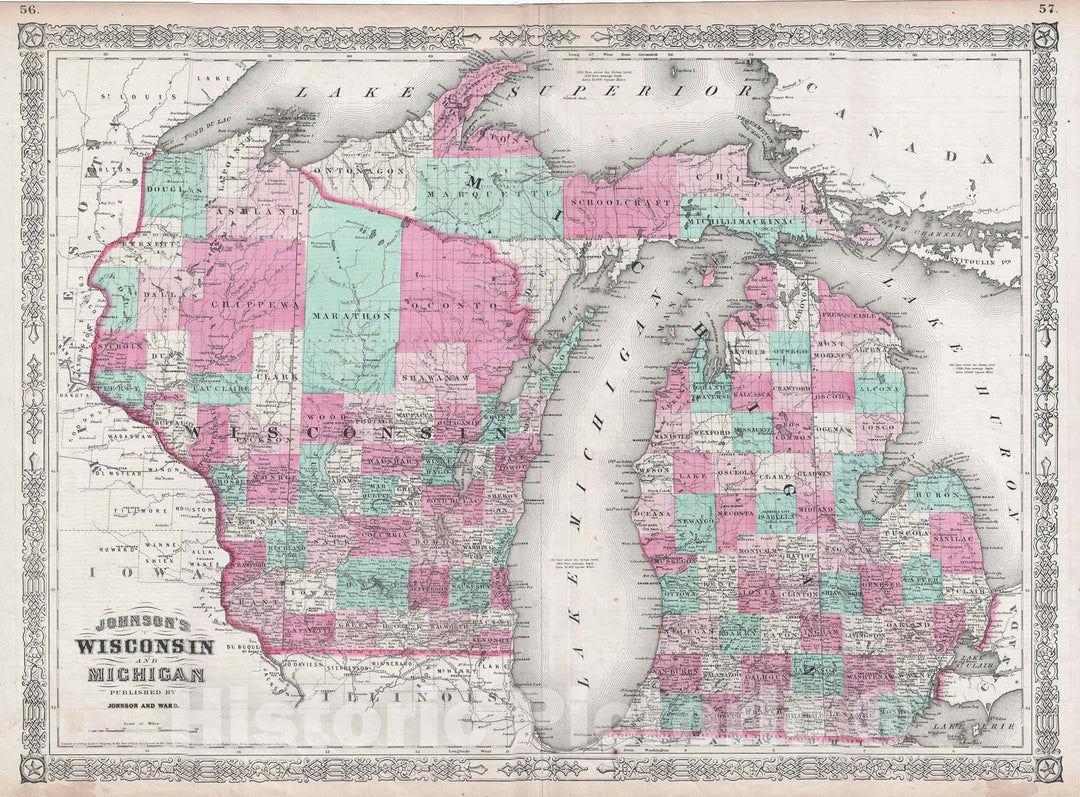 Historic Map : Wisconsin and Michigan, Johnson, 1864, Vintage Wall Art